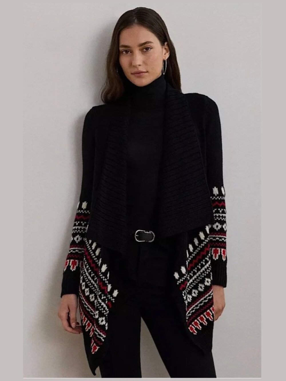 Lauren Ralph Lauren Fair Isle Cotton Shawl-Collar Cardigan‎ Sweater Black SM